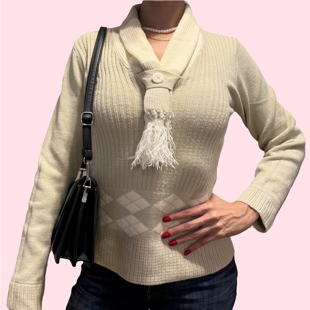 Cream Women's Sweater with Tassel Detail